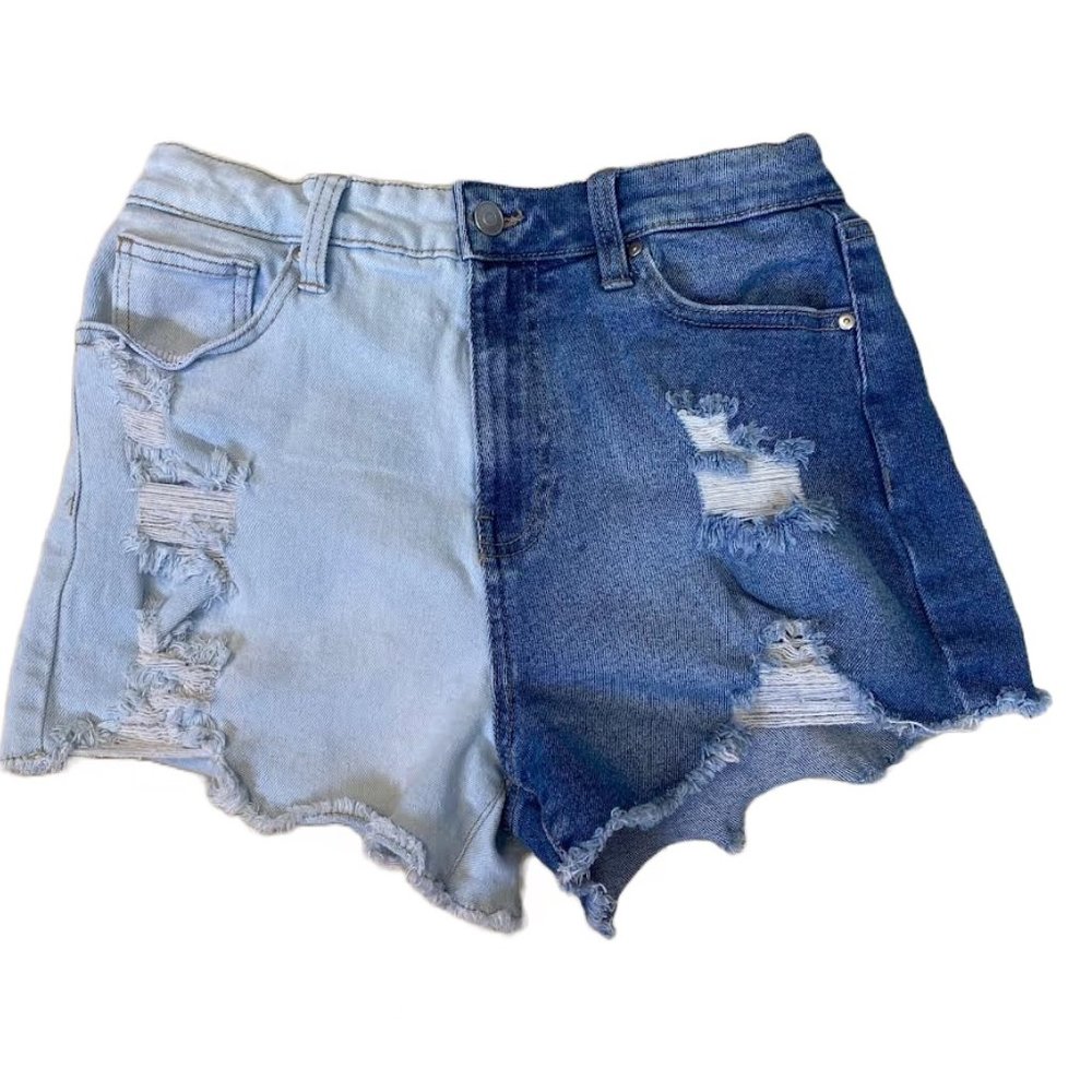 NWOT NO BOUNDARIES Women 28 Two Tone High Rise Distressed Stretch Denim Shorts